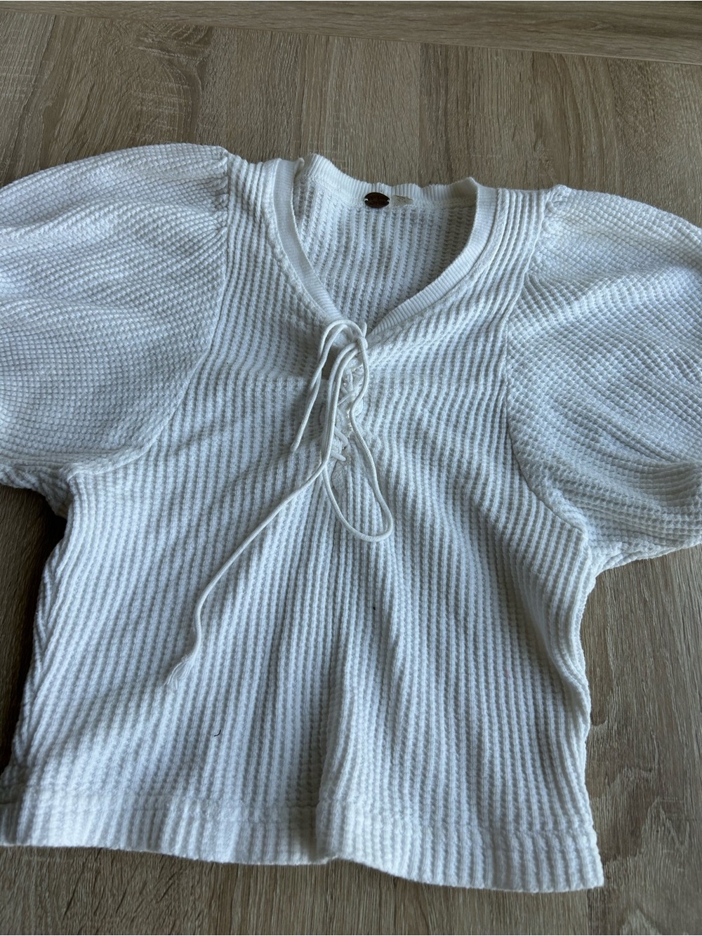 Free People One Hayden Waffle Puff Sleeve White Cotton Top S Small